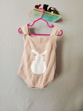 Angou Beige Knit Bunny Romper Overalls
